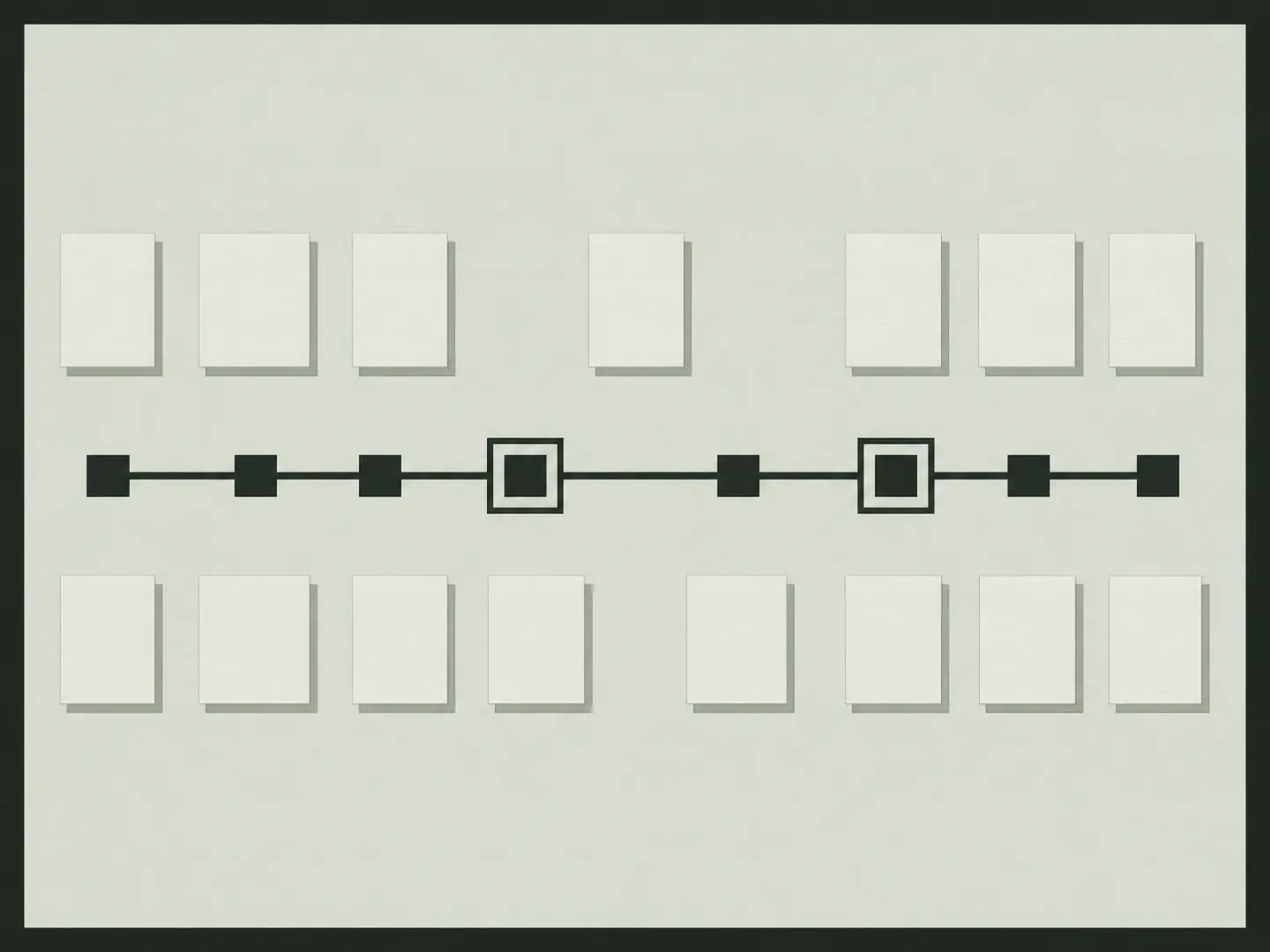 Eight square stops on a rail with two critical stops drawn twice